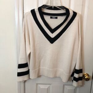 VOCK v-neck oversized sweater. White w/ Black Trim Pit to Pit 25" Preworn